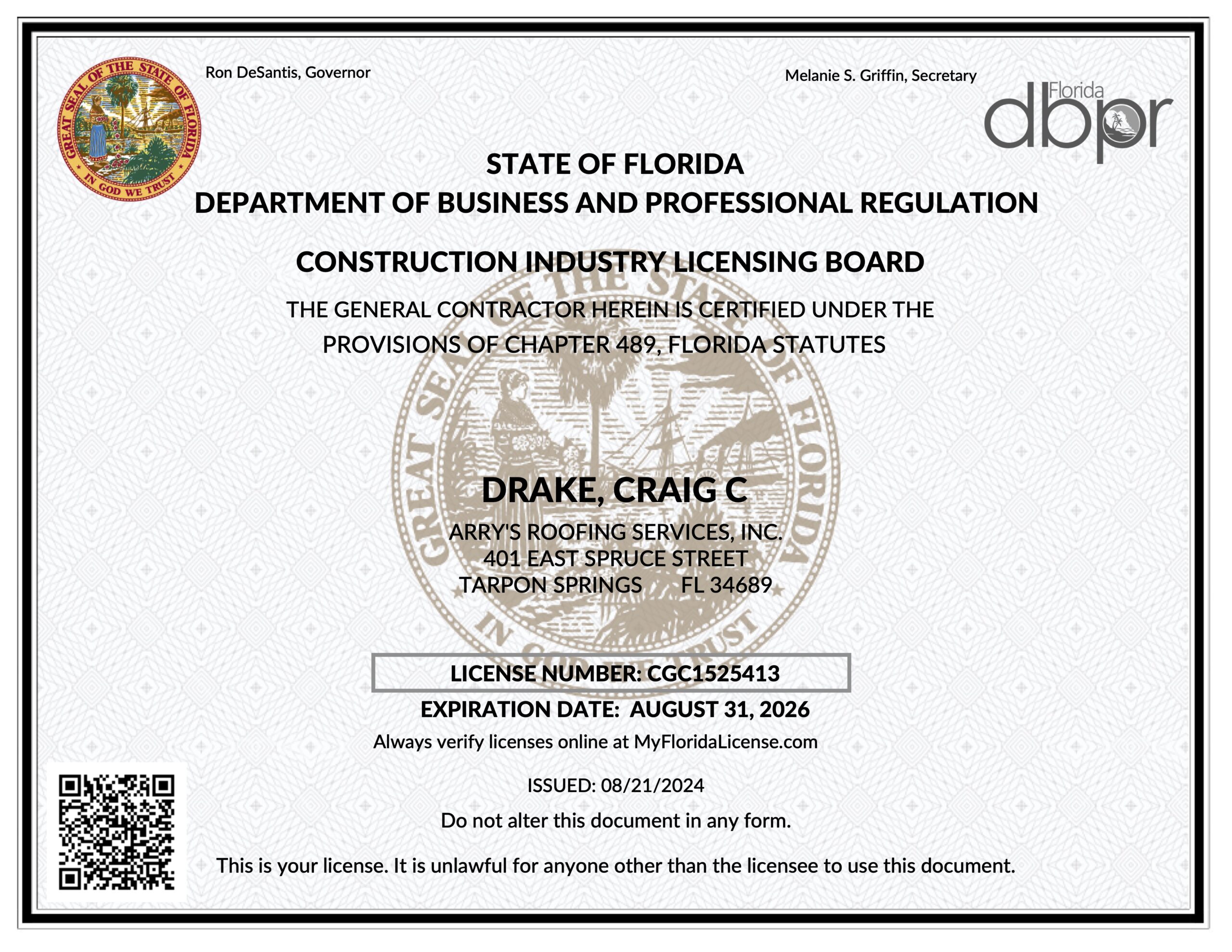 Arrys State of Florida Contractor License