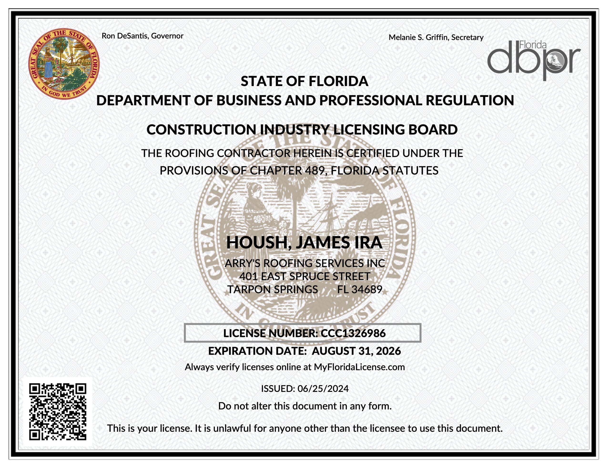 Arry's Roofing State of Florida License Roofing